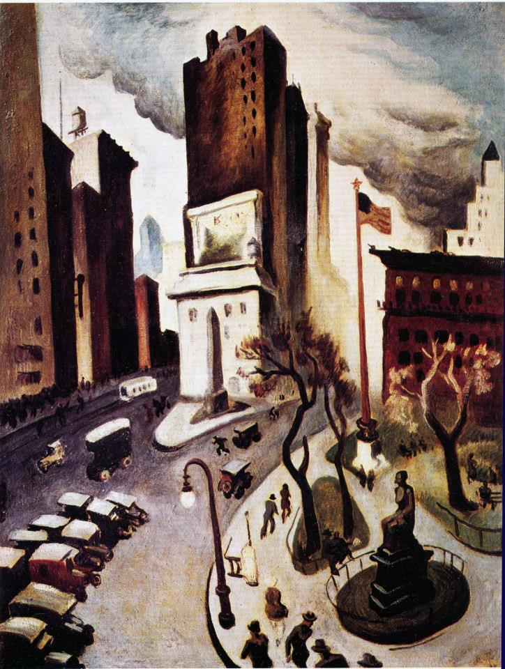Rhapsody in Blue_ Illustration - Oil painting of Madison Square Park in New York, 1920 - painted by Thomas Hart Benton
